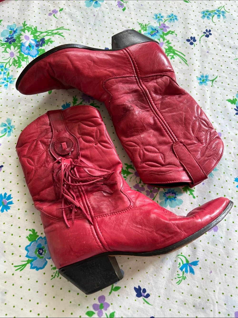 Vintage Laredo Red Leather Fringe Western Cowboy Boots - 8